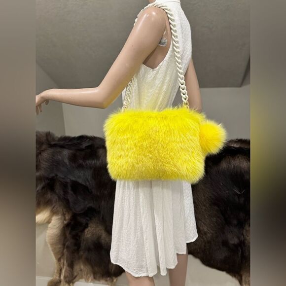 Yellow Handmade Luxury Real Fox Fur Shoulder Bag/Crossbody & Fox Fur Ball Charm - Picture 4 of 17